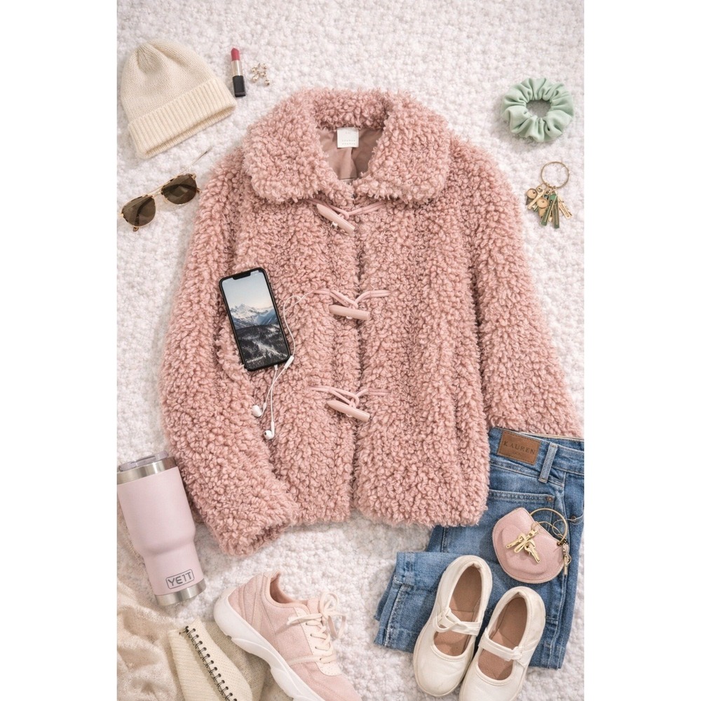 LC Lauren Conrad Womens Faux Fur Toggle Jacket S Pink Sherpa Teddy Coquette Coat